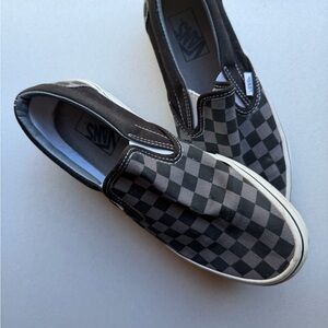 Vans Men's Black and Gray Checkered Slip-On Sneakers